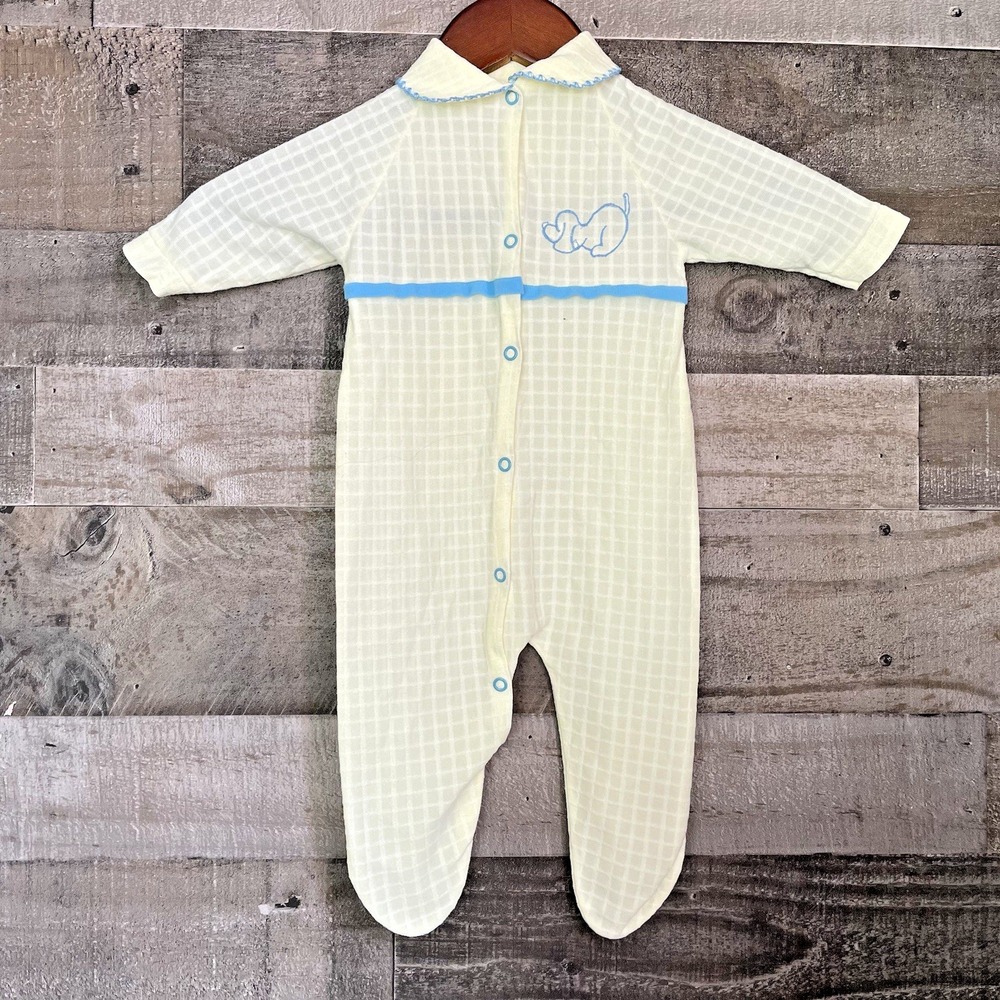 Cutler's Cuvver-Ups 80s Vintage Yellow Embroidered Puppy Sleeper Sz L 14-19 lbs